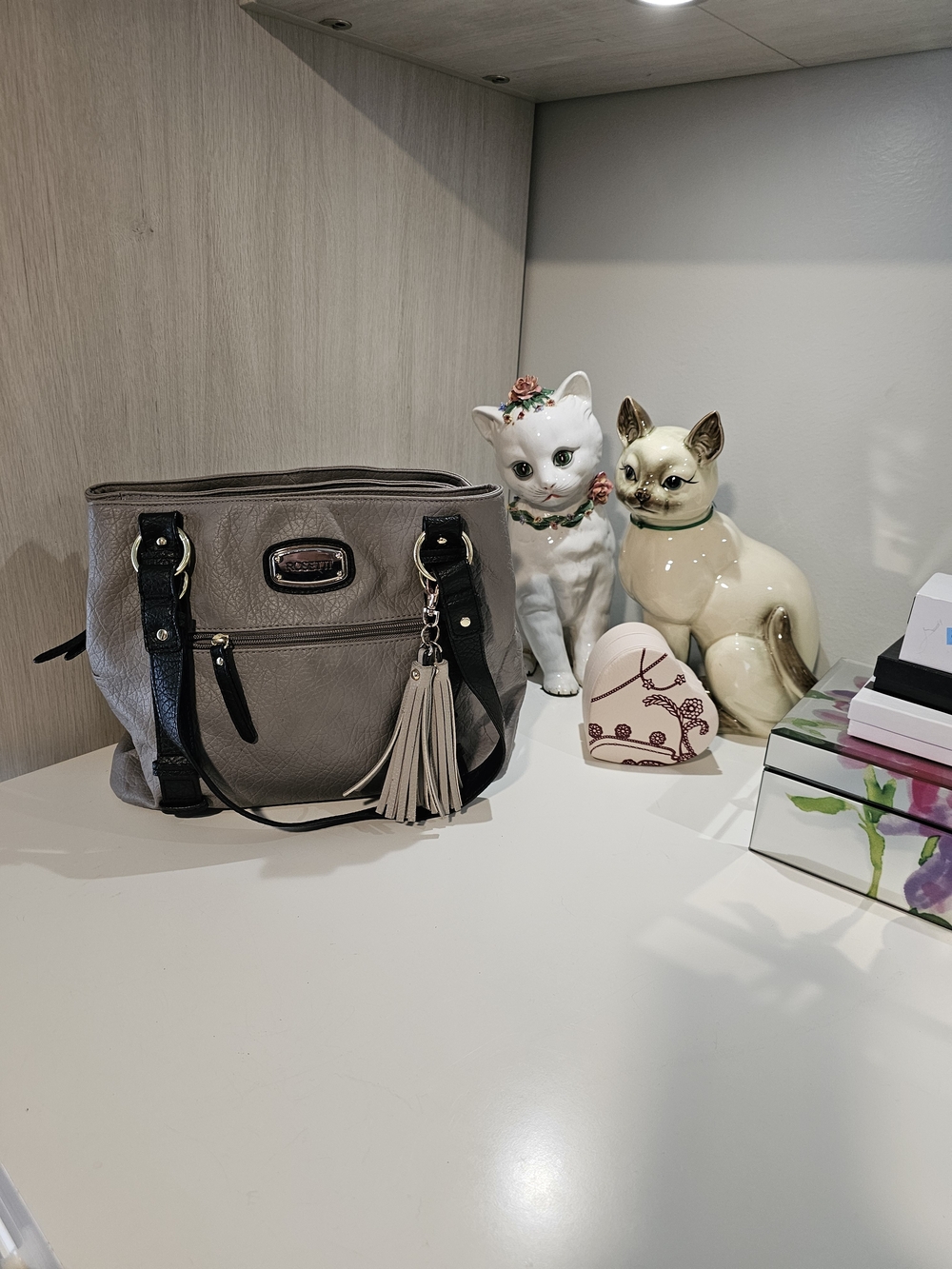 Light Gray/Taupe Tote Bag with Tassel - Women Bags - Picture 1 of 6